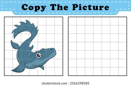 Complete the picture of a Mosasaurus. Copy the picture. Coloring book. Educational game for children. Cartoon vector illustration