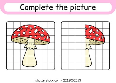 Complete the picture mushroom amanita. Copy the picture and color. Finish the image. Coloring book. Educational drawing exercise game for children. Vector illustration