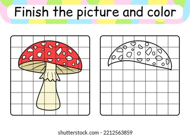 Complete the picture mushroom amanita. Copy the picture and color. Finish the image. Coloring book. Educational drawing exercise game for children. Vector illustration