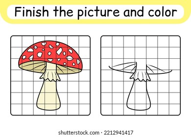 Complete the picture mushroom amanita. Copy the picture and color. Finish the image. Coloring book. Educational drawing exercise game for children. Vector illustration