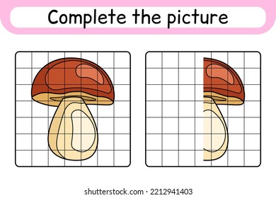 Complete the picture mushroom boletus. Copy the picture and color. Finish the image. Coloring book. Educational drawing exercise game for children. Vector illustration