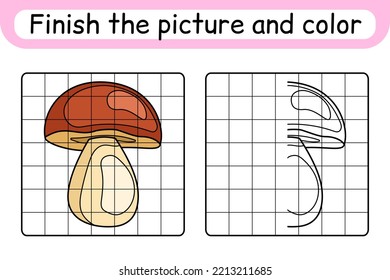 Complete the picture mushroom boletus. Copy the picture and color. Finish the image. Coloring book. Educational drawing exercise game for children. Vector illustration