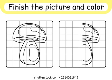 Complete the picture mushroom boletus. Copy the picture and color. Finish the image. Coloring book. Educational drawing exercise game for children. Vector illustration