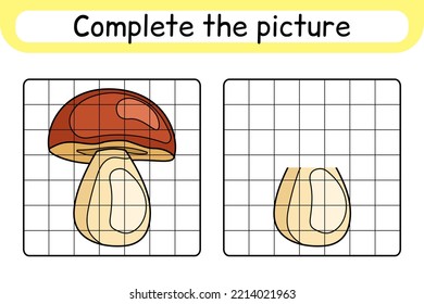 Complete the picture mushroom boletus. Copy the picture and color. Finish the image. Coloring book. Educational drawing exercise game for children. Vector illustration