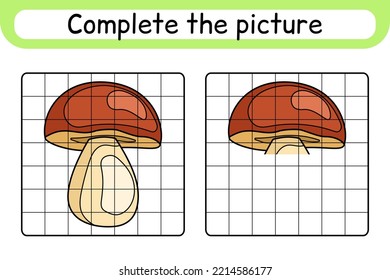Complete the picture mushroom boletus. Copy the picture and color. Finish the image. Coloring book. Educational drawing exercise game for children. Vector illustration