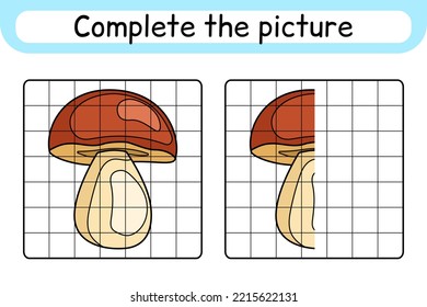 Complete the picture mushroom boletus. Copy the picture and color. Finish the image. Coloring book. Educational drawing exercise game for children. Vector illustration