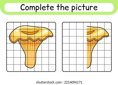 Complete the picture mushroom chanterelle. Copy the picture and color. Finish the image. Coloring book. Educational drawing exercise game for children. Vector illustration