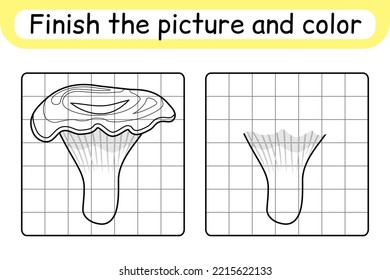 Complete the picture mushroom chanterelle. Copy the picture and color. Finish the image. Coloring book. Educational drawing exercise game for children. Vector illustration