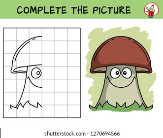 Complete the picture of a mushroom. Copy the picture. Coloring book. Educational game for children. Cartoon vector illustration