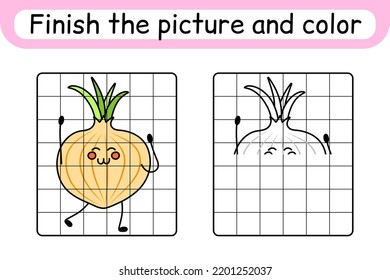Complete the picture onion. Copy the picture and color. Finish the image. Coloring book. Educational drawing exercise game for children. Vector illustration