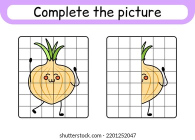 Complete the picture onion. Copy the picture and color. Finish the image. Coloring book. Educational drawing exercise game for children. Vector illustration