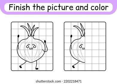Complete the picture onion. Copy the picture and color. Finish the image. Coloring book. Educational drawing exercise game for children. Vector illustration
