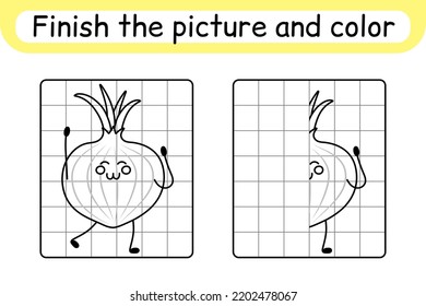 Complete the picture onion. Copy the picture and color. Finish the image. Coloring book. Educational drawing exercise game for children. Vector illustration