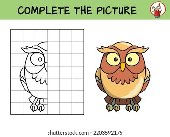 Complete the picture of an owl. Copy the picture. Coloring book. Educational game for children. Cartoon vector illustration