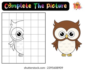 Complete the picture of a owl. Copy the picture. Coloring book. Educational game for children. Cartoon vector illustration