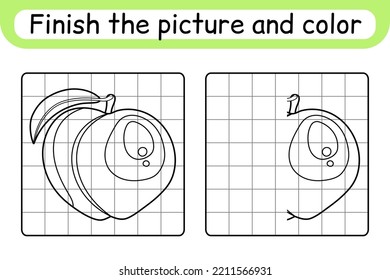 Complete the picture peach. Copy the picture and color. Finish the image. Coloring book. Educational drawing exercise game for children. Vector illustration