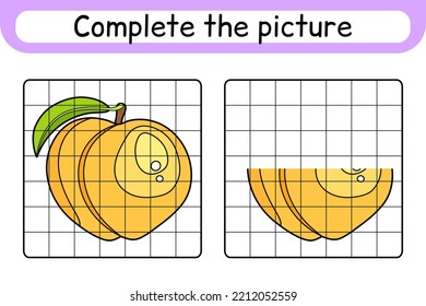 Complete the picture peach. Copy the picture and color. Finish the image. Coloring book. Educational drawing exercise game for children. Vector illustration