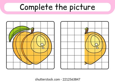 Complete the picture peach. Copy the picture and color. Finish the image. Coloring book. Educational drawing exercise game for children. Vector illustration
