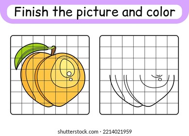 Complete the picture peach. Copy the picture and color. Finish the image. Coloring book. Educational drawing exercise game for children. Vector illustration