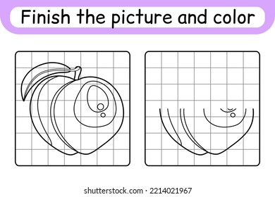 Complete the picture peach. Copy the picture and color. Finish the image. Coloring book. Educational drawing exercise game for children. Vector illustration