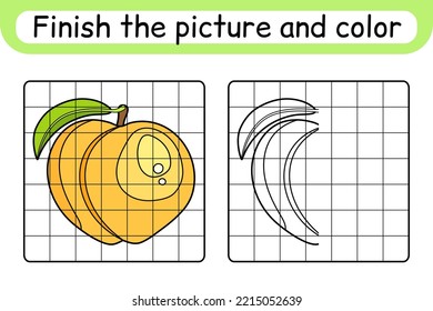Complete the picture peach. Copy the picture and color. Finish the image. Coloring book. Educational drawing exercise game for children. Vector illustration