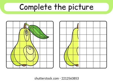 Complete the picture pear. Copy the picture and color. Finish the image. Coloring book. Educational drawing exercise game for children. Vector illustration