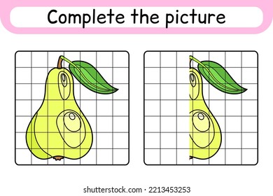 Complete the picture pear. Copy the picture and color. Finish the image. Coloring book. Educational drawing exercise game for children. Vector illustration