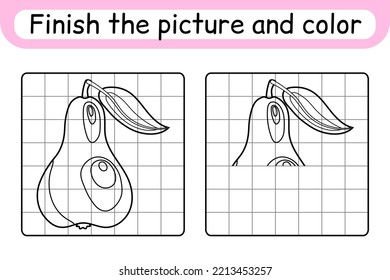 Complete the picture pear. Copy the picture and color. Finish the image. Coloring book. Educational drawing exercise game for children. Vector illustration