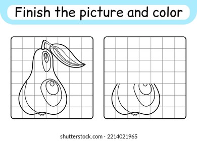 Complete the picture pear. Copy the picture and color. Finish the image. Coloring book. Educational drawing exercise game for children. Vector illustration