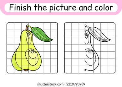 Complete the picture pear. Copy the picture and color. Finish the image. Coloring book. Educational drawing exercise game for children. Vector illustration