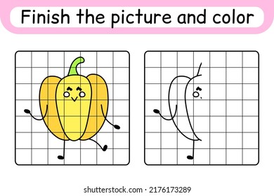 Complete the picture pepper. Copy the picture and color. Finish the image. Coloring book. Educational drawing exercise game for children. Vector illustration