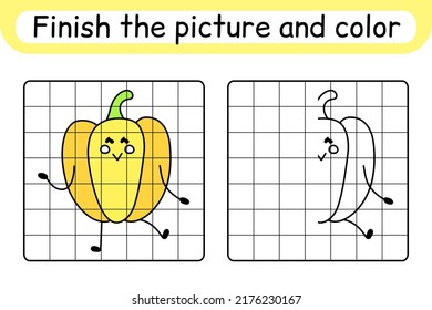 Complete the picture pepper. Copy the picture and color. Finish the image. Coloring book. Educational drawing exercise game for children. Vector illustration