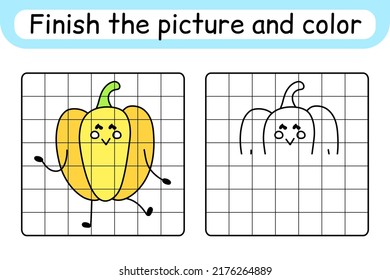 Complete the picture pepper. Copy the picture and color. Finish the image. Coloring book. Educational drawing exercise game for children. Vector illustration