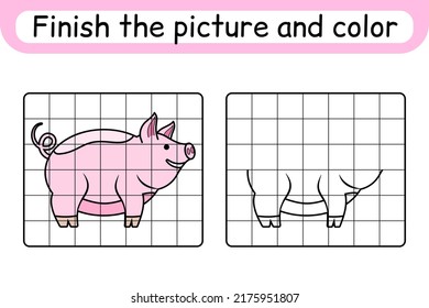 Complete the picture pig. Copy the picture and color. Finish the image. Coloring book. Educational drawing exercise game for children. Vector illustration