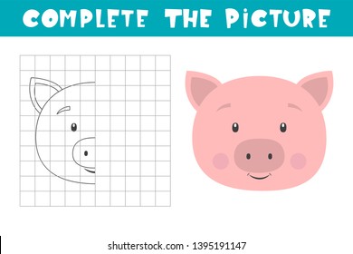 Complete the picture of a pig. Copy the picture. Coloring book. Children art game for activity page.