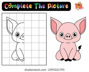 Complete the picture of a pig. Copy the picture. Coloring book. Educational game for children. Cartoon vector illustration