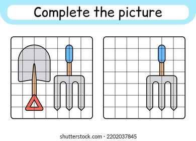 Complete the picture pitchfork and shovel. Copy the picture and color. Finish the image. Coloring book. Educational drawing exercise game for children. Vector illustration