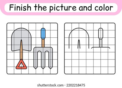 Complete the picture pitchfork and shovel. Copy the picture and color. Finish the image. Coloring book. Educational drawing exercise game for children. Vector illustration