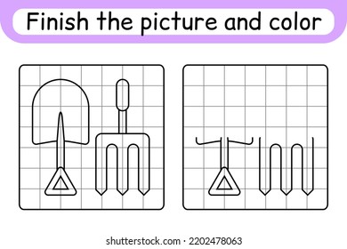 Complete the picture pitchfork and shovel. Copy the picture and color. Finish the image. Coloring book. Educational drawing exercise game for children. Vector illustration