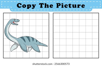 Complete the picture of a Plesiosaurus. Copy the picture. Coloring book. Educational game for children. Cartoon vector illustration