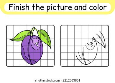 Complete the picture plum. Copy the picture and color. Finish the image. Coloring book. Educational drawing exercise game for children. Vector illustration