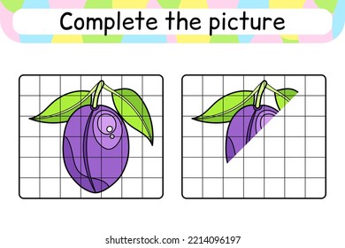 Complete the picture plum. Copy the picture and color. Finish the image. Coloring book. Educational drawing exercise game for children. Vector illustration