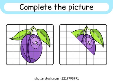 Complete the picture plum. Copy the picture and color. Finish the image. Coloring book. Educational drawing exercise game for children. Vector illustration