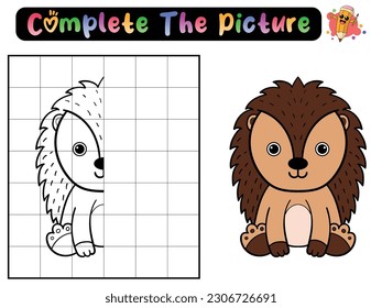 Complete the picture of a porcupine. Copy the picture. Coloring book. Educational game for children. Cartoon vector illustration