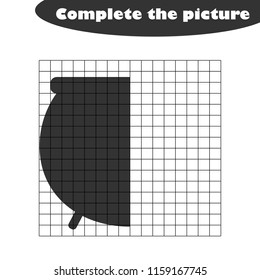 Complete the picture, pot in cartoon style, drawing skills training, educational paper game for the development of children,  kids preschool activity, printable worksheet, vector illustration