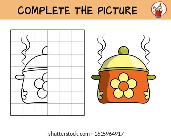 Complete the picture of a pot. Copy the picture. Coloring book. Educational game for children. Cartoon vector illustration