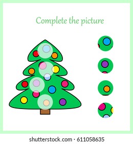 Complete the picture, puzzle task, game for preschool kids. Christmas tree