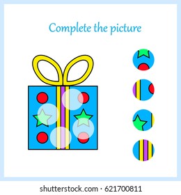 Complete the picture, puzzle task, game for preschool kids. gift vector