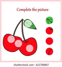 Complete the picture, puzzle task, game for preschool kids. cherry  