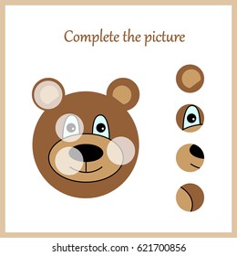 Complete the picture, puzzle task, game for preschool kids. bear